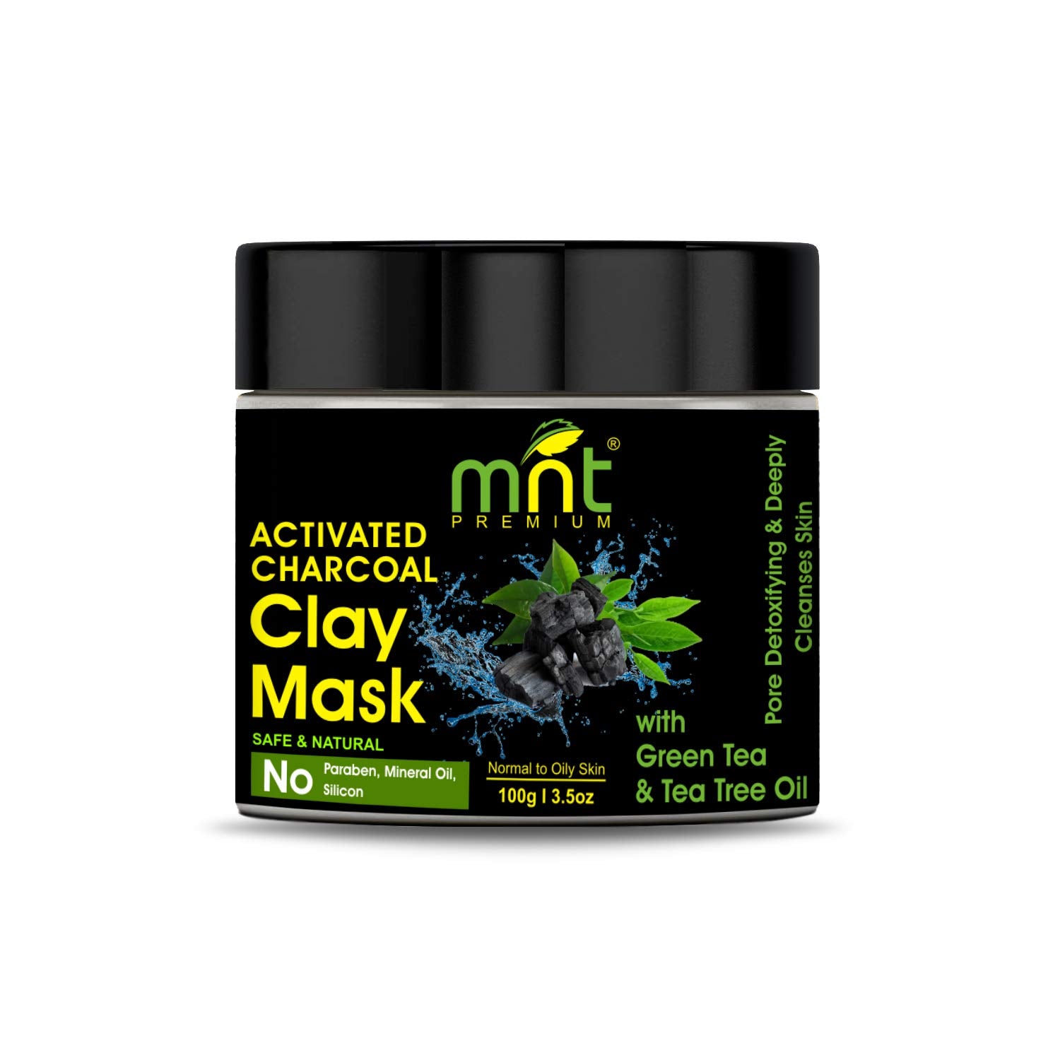 Activated Charcoal Clay Mask with Green Tea & Tea Tree Oil for All Skin Types |Pore Detoxifying & Deeply Cleanses Skin, 100g